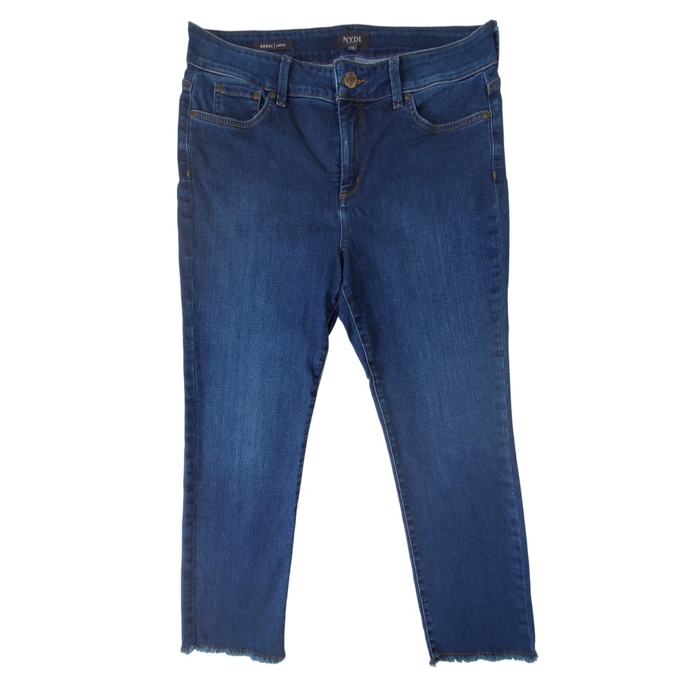 NYDJ Sheri Ankle Jeans Women's 12 Dark Wash Lift Tuck Slim Frayed Raw Hem